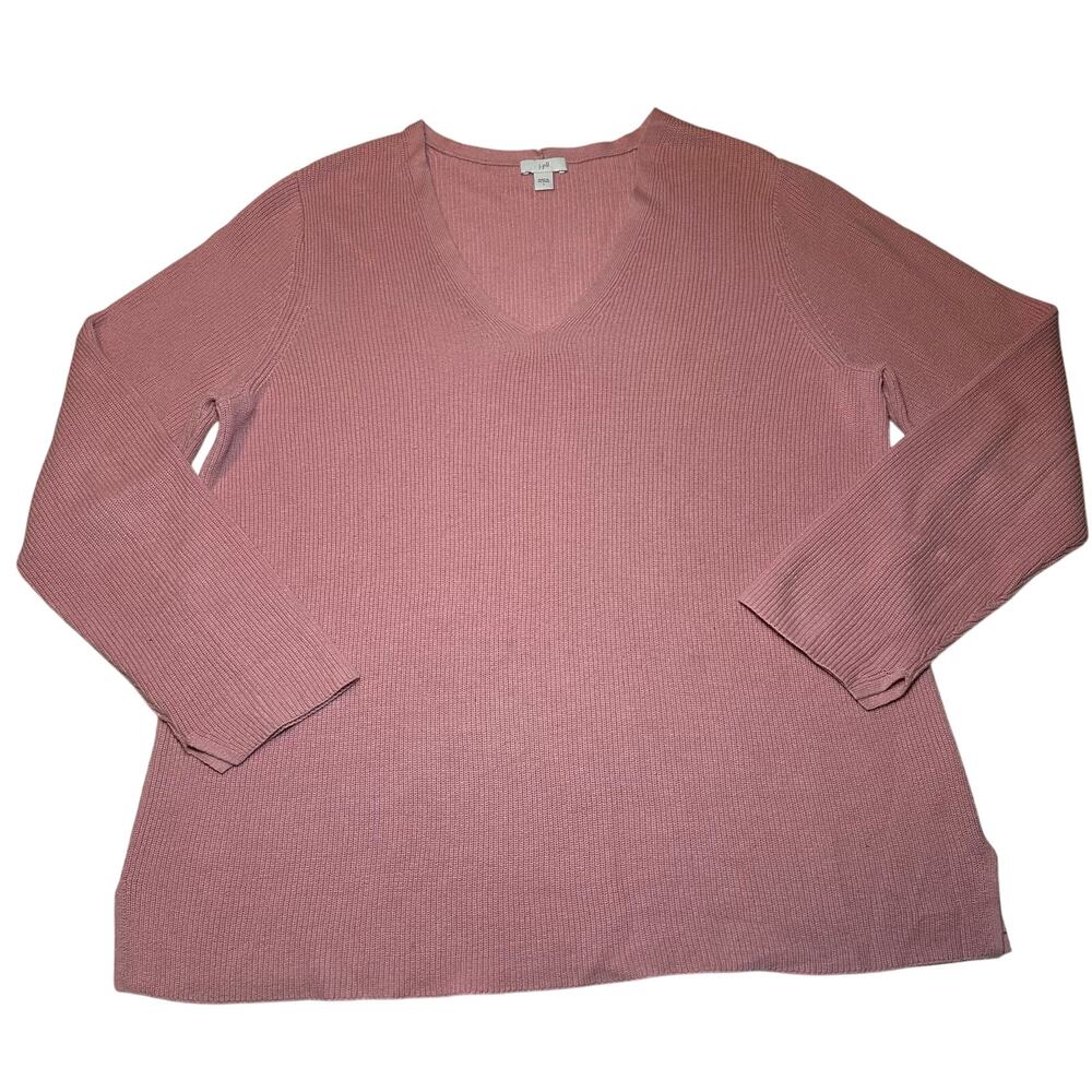 J Jill Women’s Size Large Pink V Neck Pullover Ribbed Knit Sweater Cotton Blend